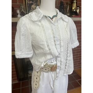 Embroidered cotton blouse women White Bow Peasant Lace